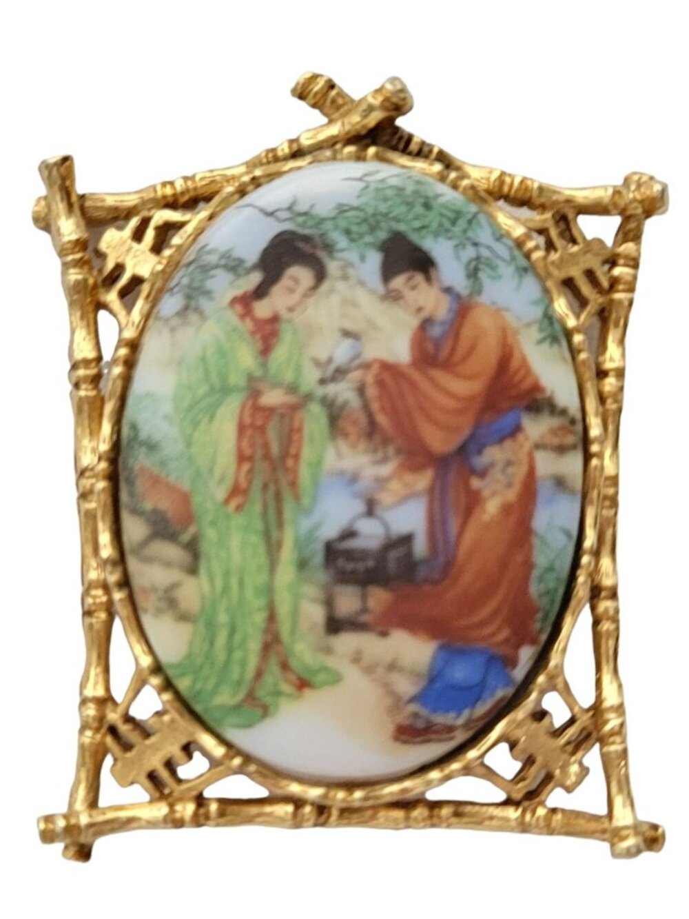 ART Arthur Pepper Vintage Gold-Tone Bamboo Frame Asian Oval Glass Painted Brooch